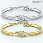 Silver-tone and gold-tone bracelets with heart and infinity symbol designs on a white background, branded 'SparkleSway'.