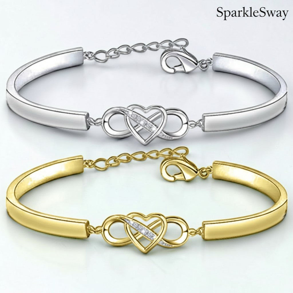 Silver-tone and gold-tone bracelets with heart and infinity symbol designs on a white background, branded 'SparkleSway'.