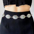 Turquoise Inlaid Waist Chain Ancient Carving Vintage Gold Accessories - sparklesway.co.uk 