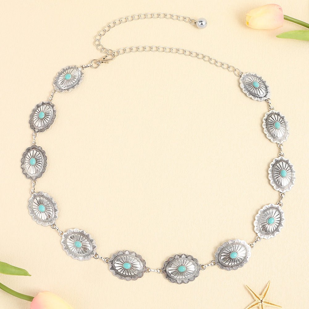 Turquoise Inlaid Waist Chain Ancient Carving Vintage Gold Accessories - sparklesway.co.uk 