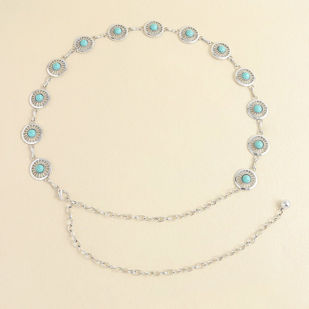 Turquoise Inlaid Waist Chain Ancient Carving Vintage Gold Accessories - sparklesway.co.uk 
