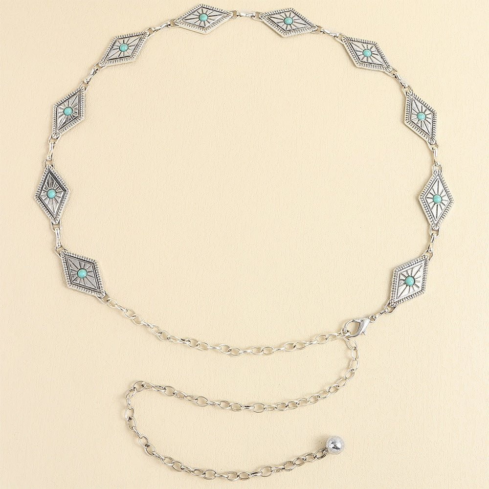 Turquoise Inlaid Waist Chain Ancient Carving Vintage Gold Accessories - sparklesway.co.uk 