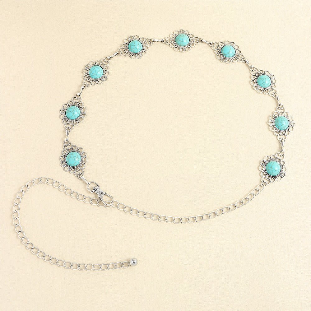 Turquoise Inlaid Waist Chain Ancient Carving Vintage Gold Accessories - sparklesway.co.uk 