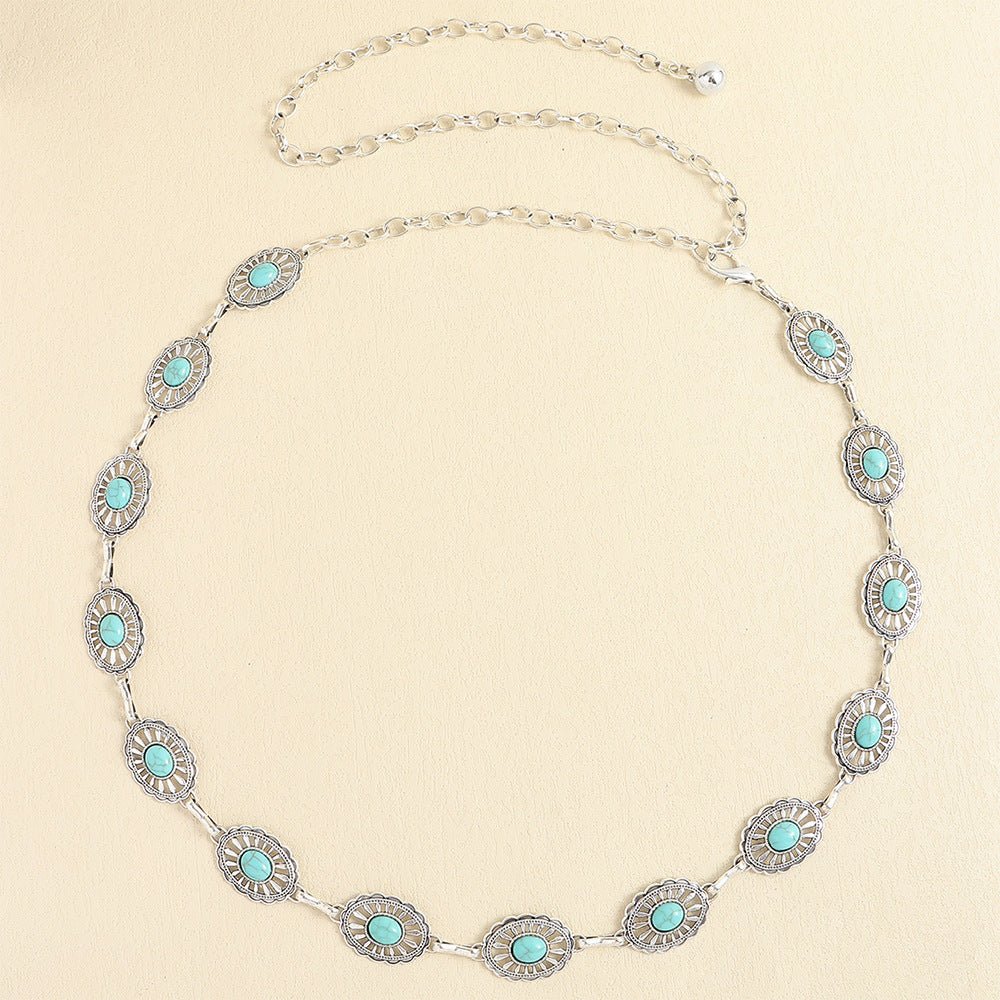 Turquoise Inlaid Waist Chain Ancient Carving Vintage Gold Accessories - sparklesway.co.uk 