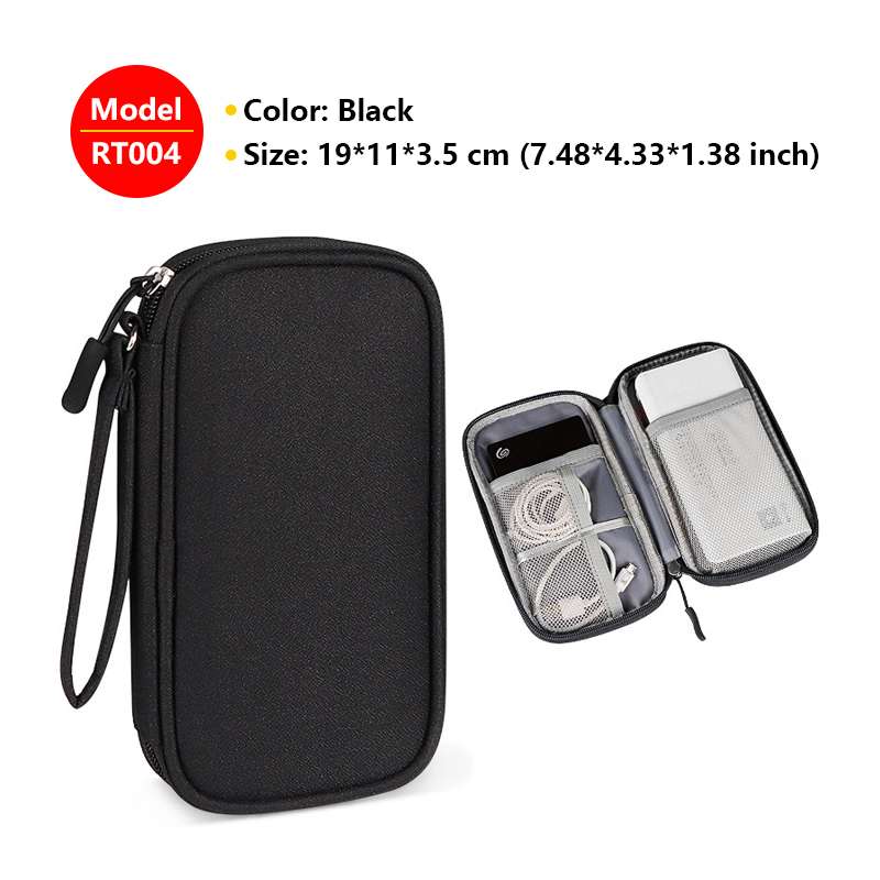 Black travel case with compartments for electronic devices on a white background