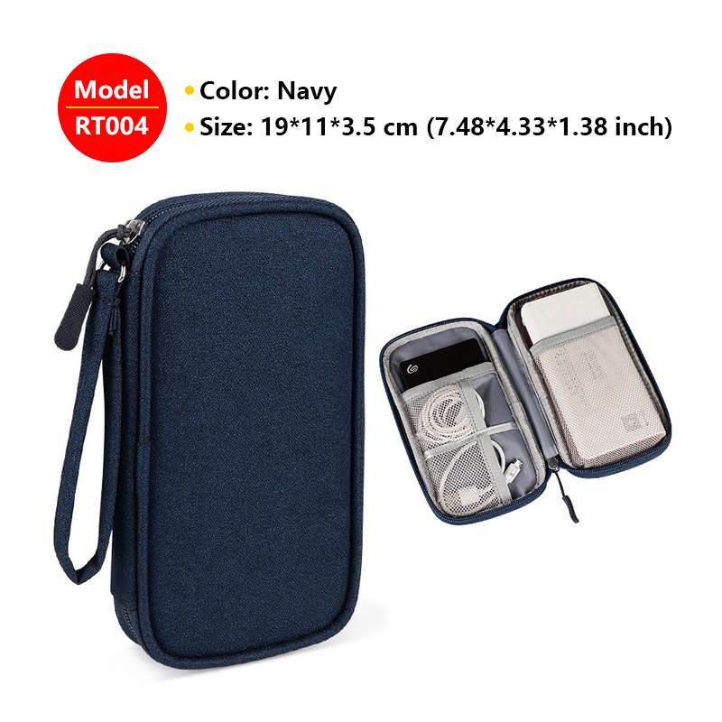 Navy blue travel organizer with open view showing electronic devices on a white background