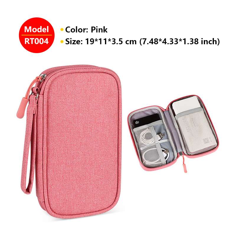 Pink travel case with open view showing electronic devices on a white background