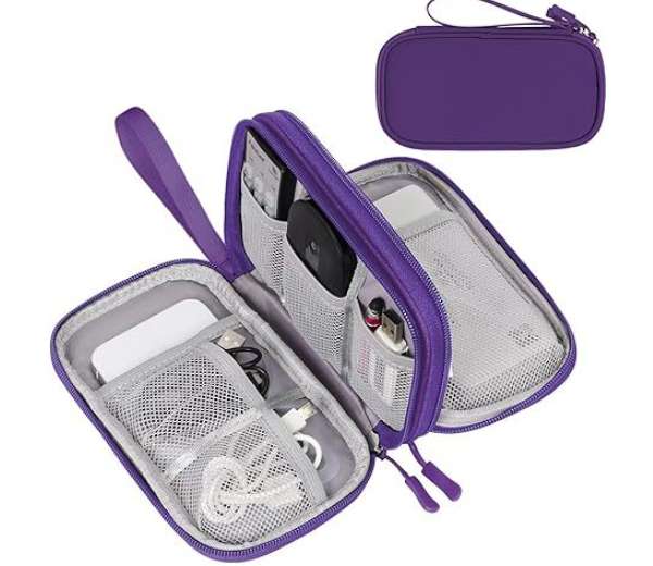 Purple travel case with mesh pockets on a white background