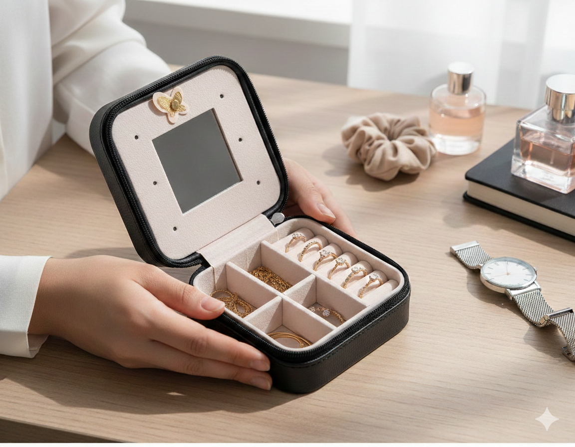Women Jewelry Organizer Box PU Leather Travel Makeup Cosmetic Case with Mirror & Zipper - sparklesway.co.uk 