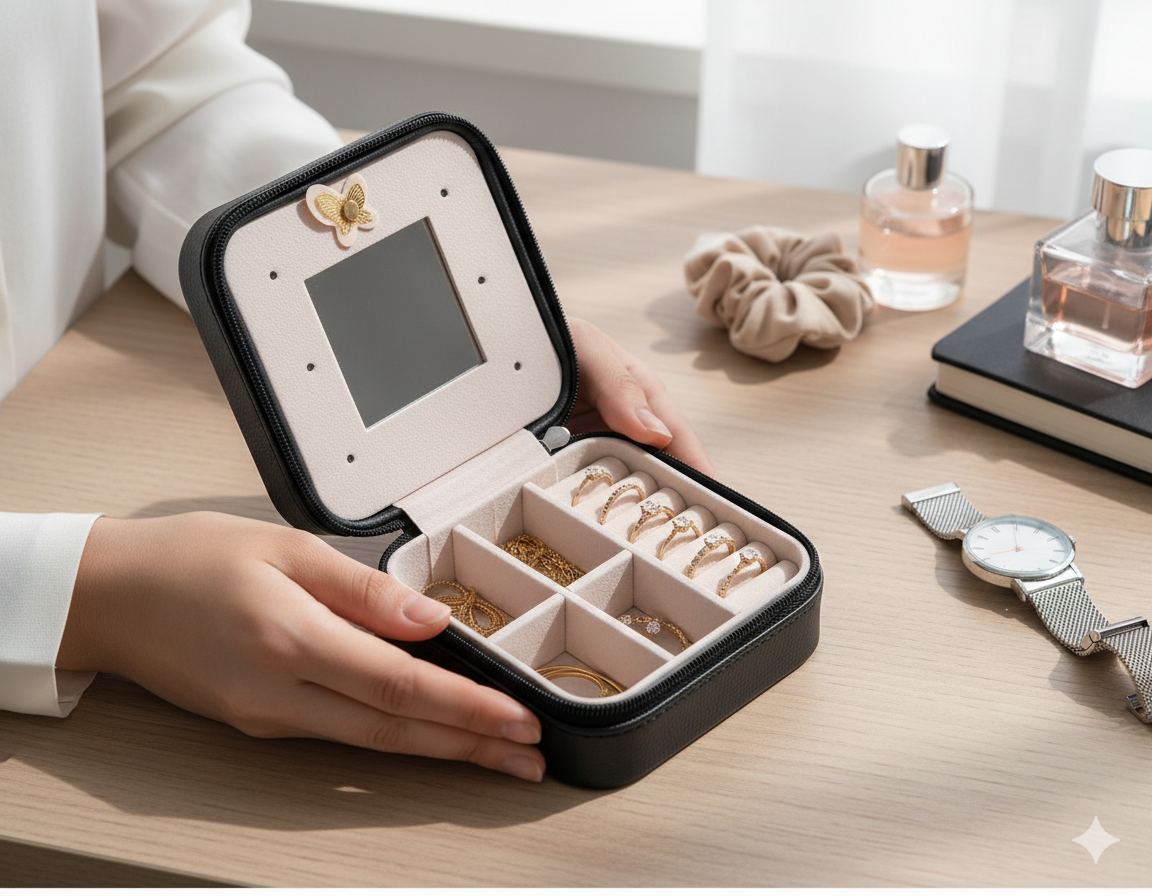 Women Jewelry Organizer Box PU Leather Travel Makeup Cosmetic Case with Mirror & Zipper - sparklesway.co.uk 