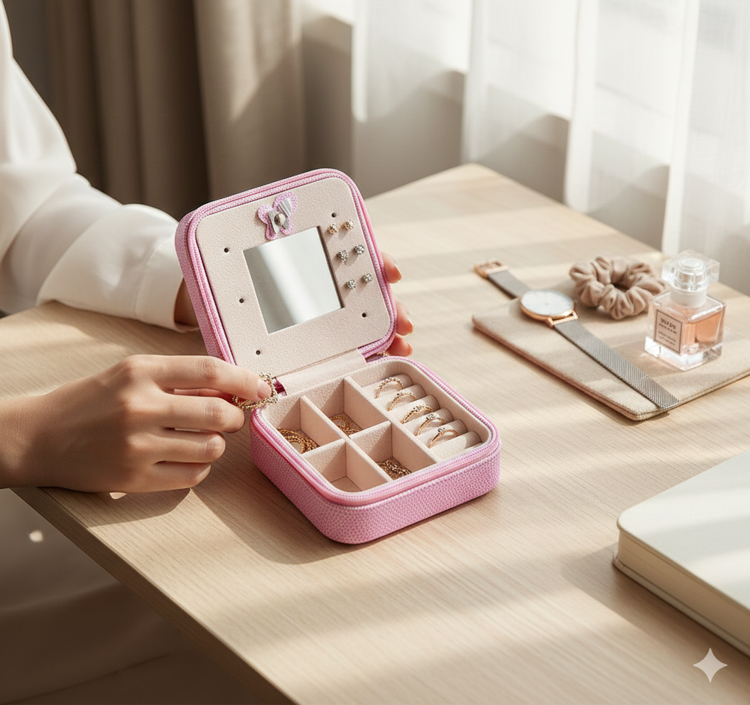 Women Jewelry Organizer Box PU Leather Travel Makeup Cosmetic Case with Mirror & Zipper - sparklesway.co.uk 