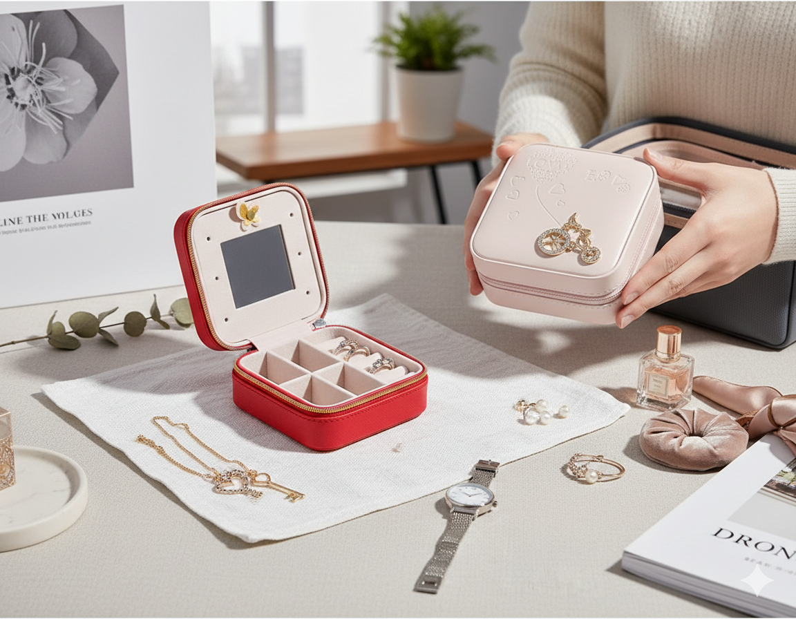 Women Jewelry Organizer Box PU Leather Travel Makeup Cosmetic Case with Mirror & Zipper - sparklesway.co.uk 