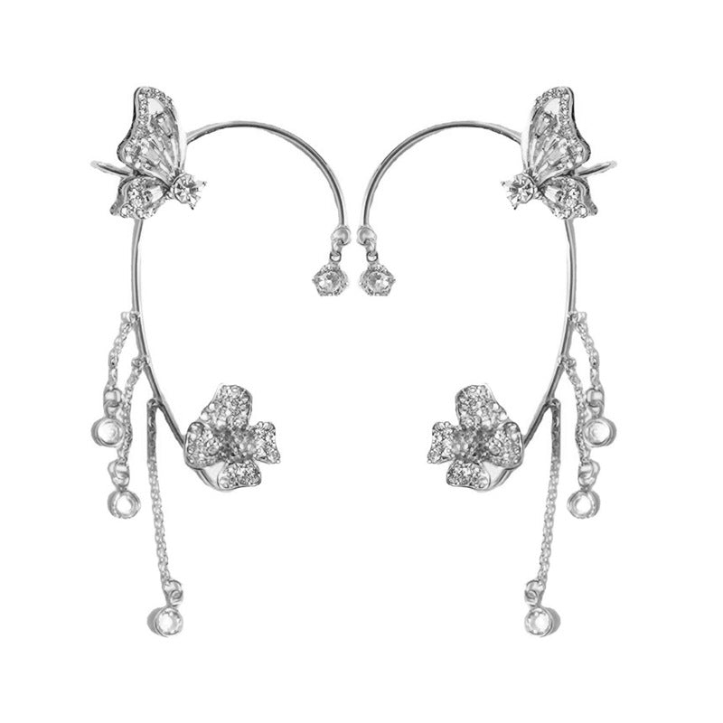 Light And Luxurious Full Zirconium Butterfly Flower Tassel Earrings Without Pierced Color Preservation - sparklesway.co.uk 