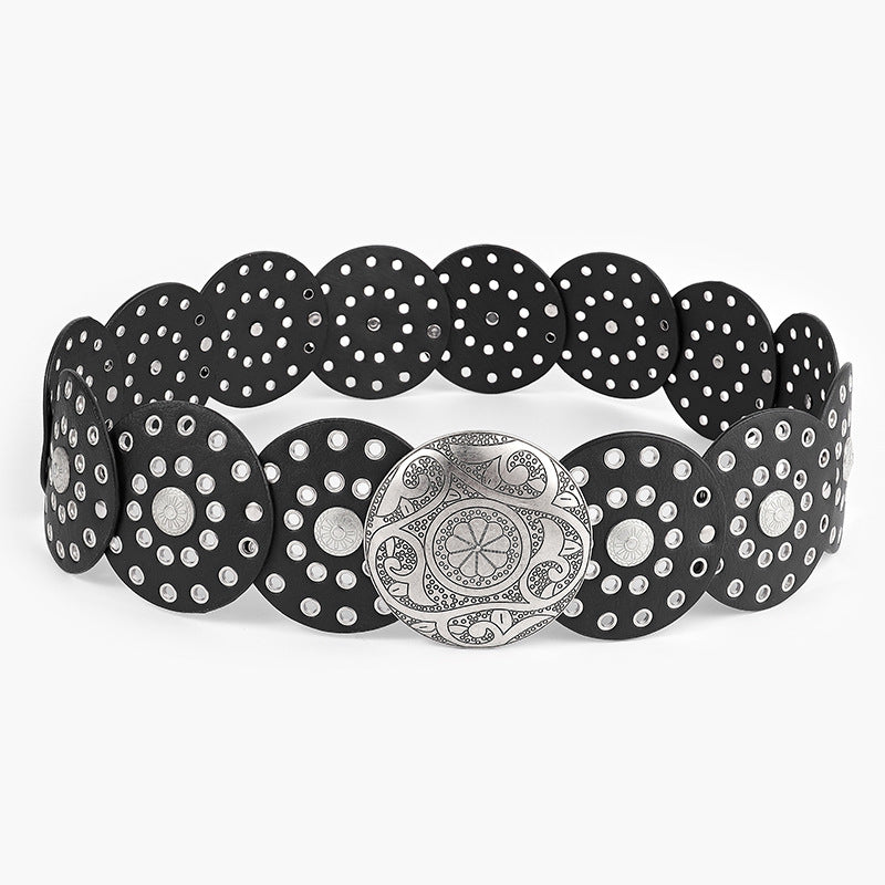 Disc Hook Leather Retro Rivet Alloy Belt Wide Belt - sparklesway.co.uk 