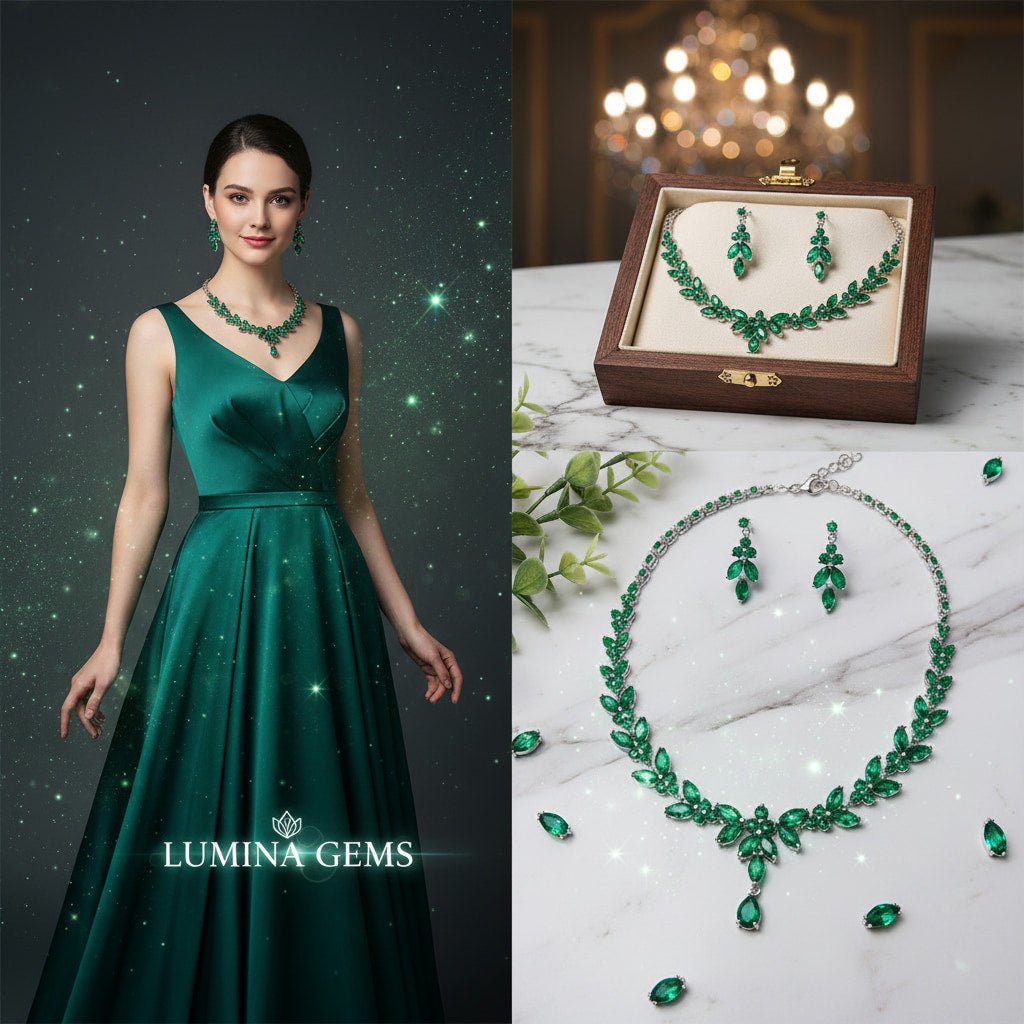 Emerald Green Crystal Jewelry Set | Statement Necklace & Earrings for Women - sparklesway.co.uk