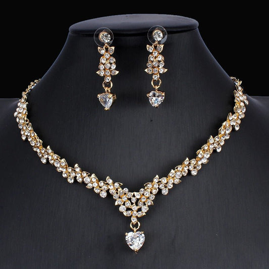 Golden Zircon Jewelry Set Bridal Necklace Earrings Wedding Two - piece Set - sparklesway.co.uk