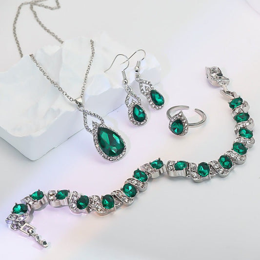 Light Luxury Zircon Necklace Earrings Open Ring Jewelry Suit - sparklesway.co.uk