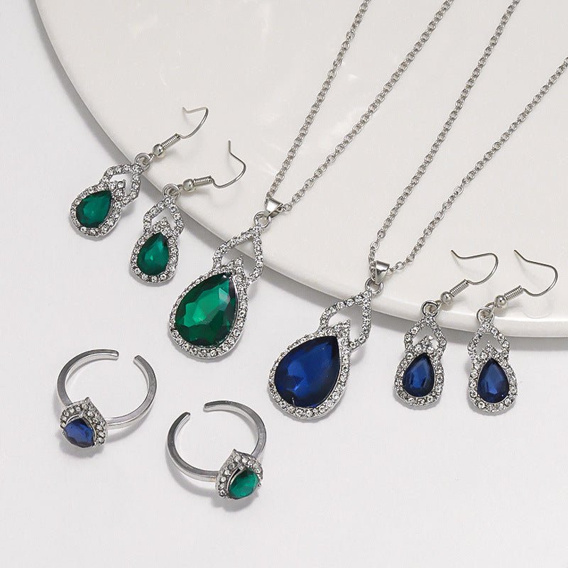 Light Luxury Zircon Necklace Earrings Open Ring Jewelry Suit - sparklesway.co.uk
