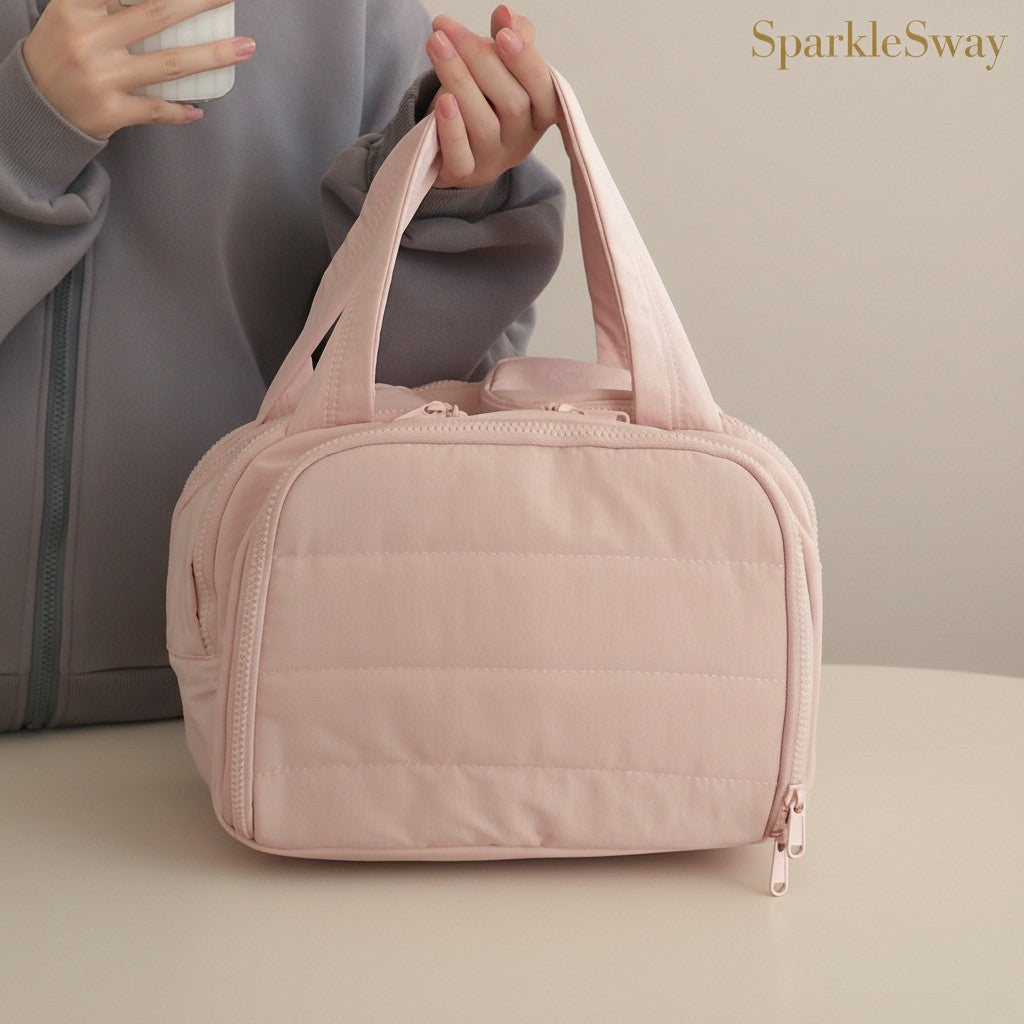 Sparklesway.co.uk pink quilted nylon travel storage bag with dual zippers and comfortable handles.