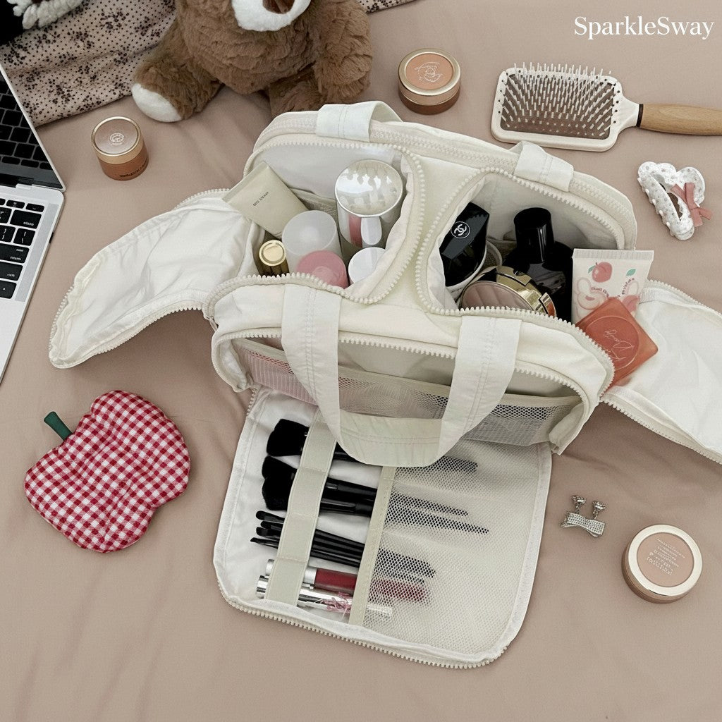 Sparklesway.co.uk cream nylon travel makeup bag with multiple compartments and brush holders, shown with makeup and accessories.