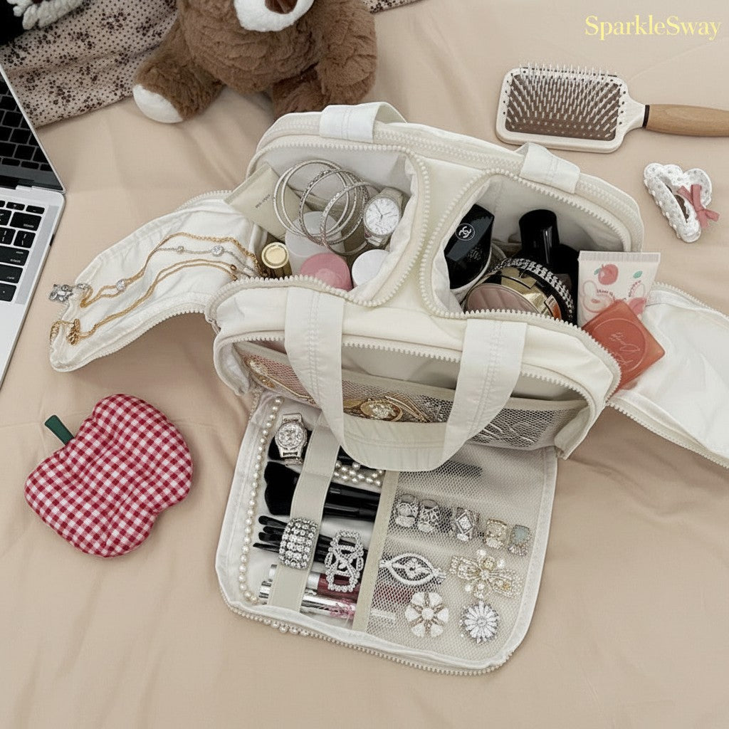 Sparklesway.co.uk cream travel makeup bag with multiple compartments and brush holders, filled with cosmetics.