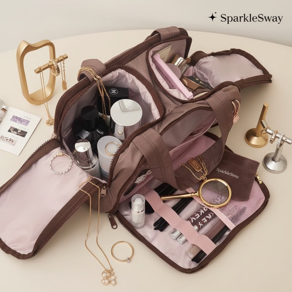 Sparklesway.co.uk brown and pink travel makeup bag with multiple compartments and brush holders, filled with cosmetics.