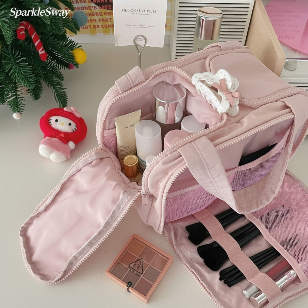 Sparklesway.co.uk pink nylon travel makeup bag with multiple compartments and brush holders, filled with cosmetics.