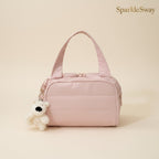 Sparklesway.co.uk pink quilted nylon travel bag with multiple zippered pockets and a plush dog keychain.