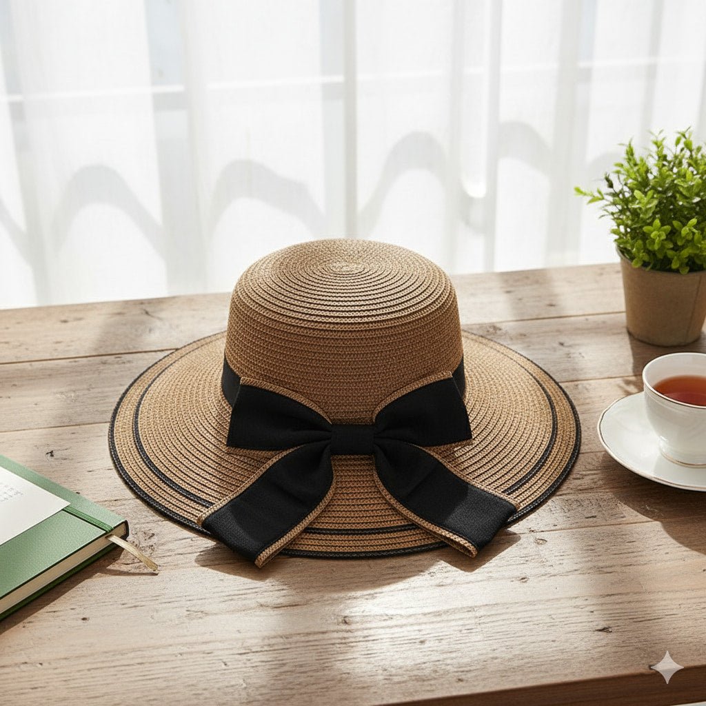 Straw Sun Hat Women Summer Beach Hat Wide Brim Bow Ribbon - sparklesway.co.uk 