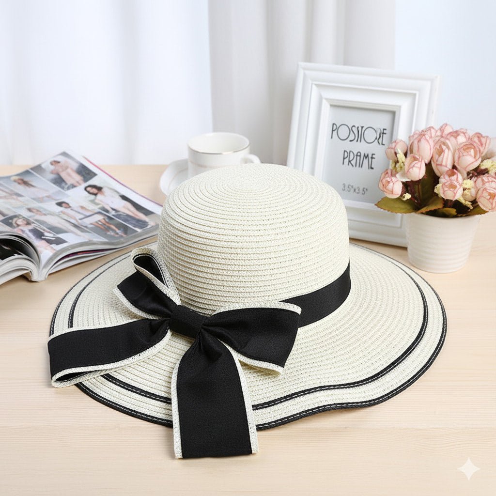 Straw Sun Hat Women Summer Beach Hat Wide Brim Bow Ribbon - sparklesway.co.uk