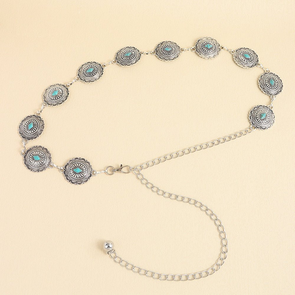 Turquoise Inlaid Waist Chain Ancient Carving Vintage Gold Accessories - sparklesway.co.uk 