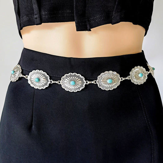 Turquoise Inlaid Waist Chain Ancient Carving Vintage Gold Accessories - sparklesway.co.uk