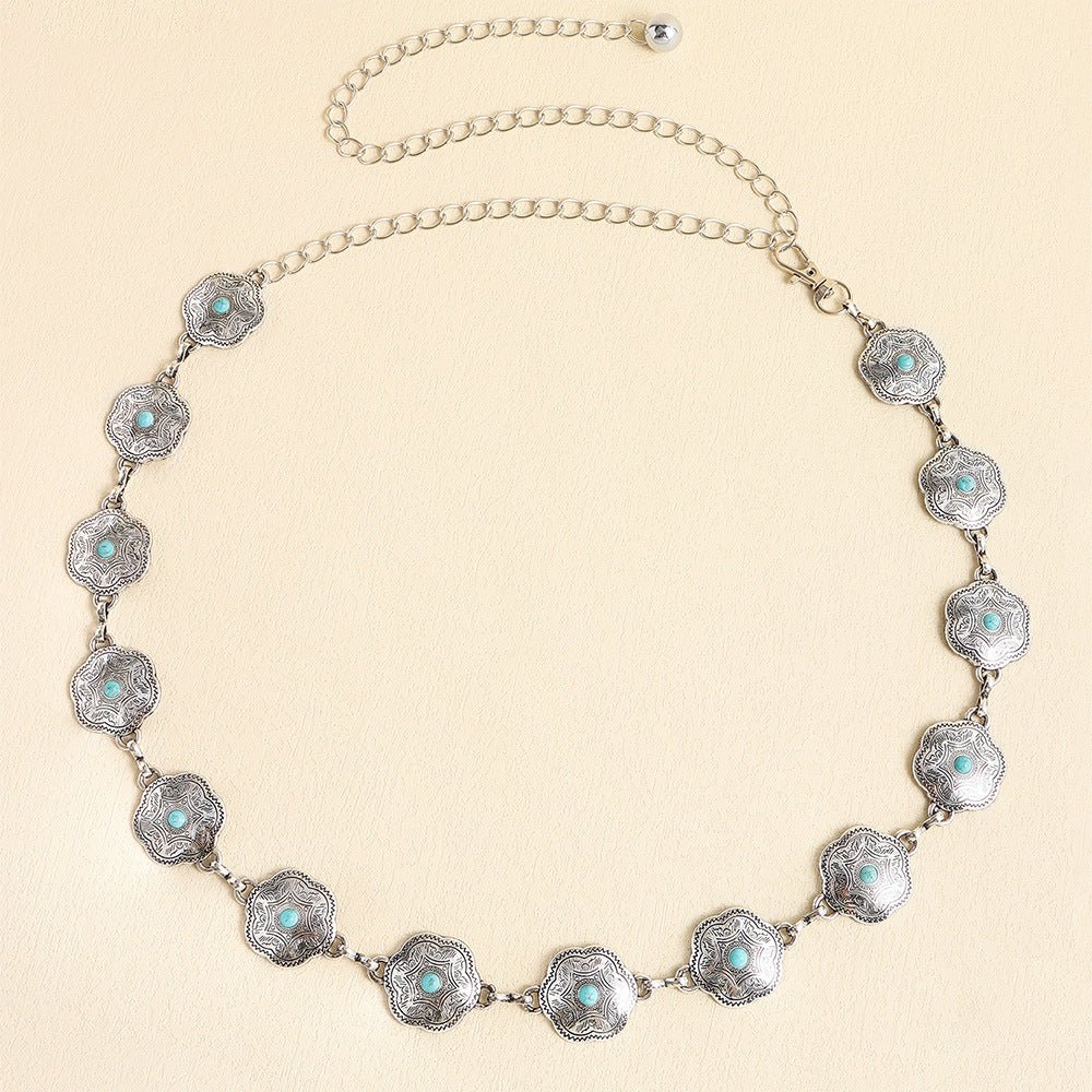 Turquoise Inlaid Waist Chain Ancient Carving Vintage Gold Accessories - sparklesway.co.uk